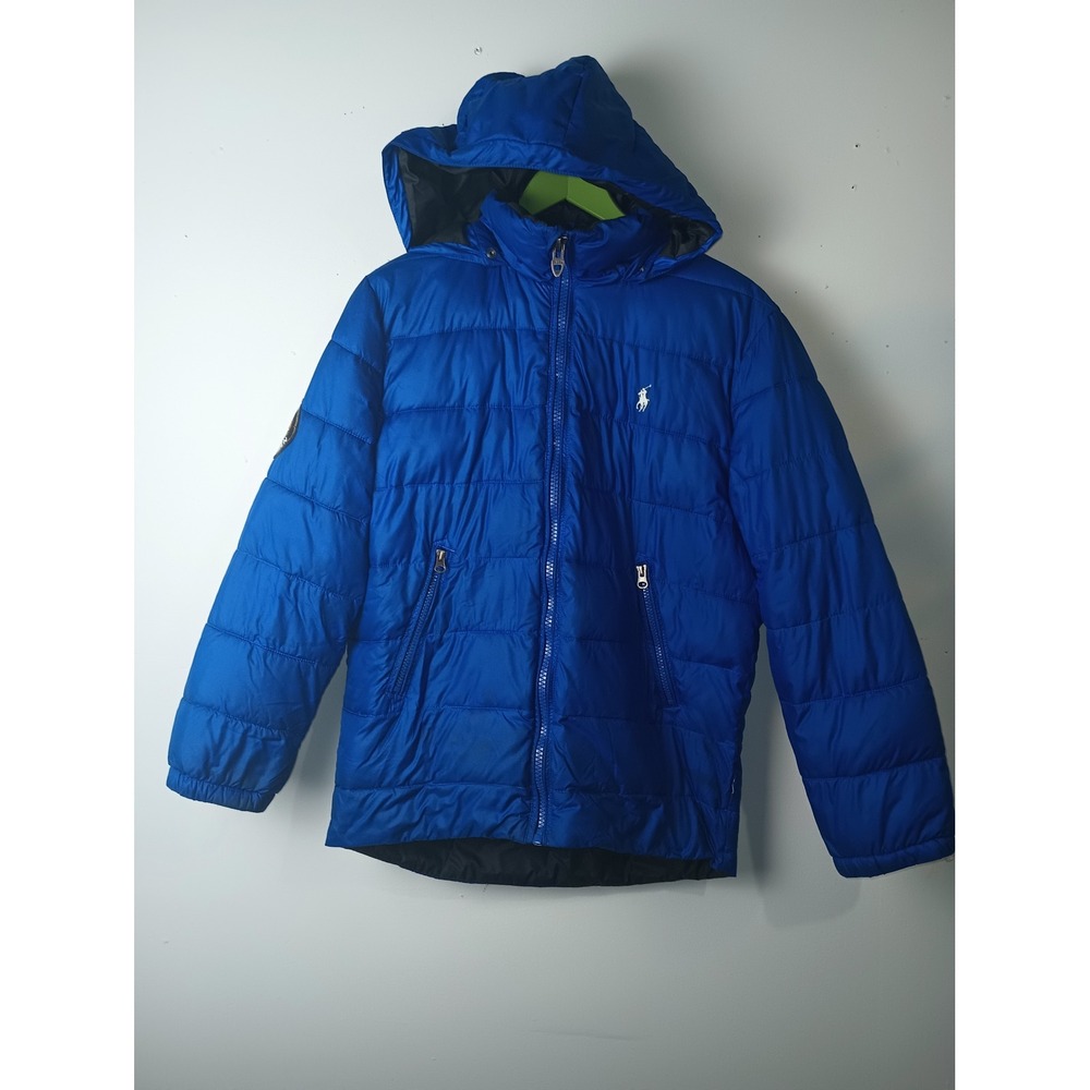 Polo Ralph Lauren Kids Blue Puffer Jacket Hooded Crest Patch L 14-16